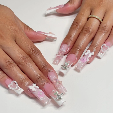 Uñas Postizas Largas Ataúd Degradado Rosa Francesa Con 3D Lazo Flores Corazón Perla Artificial Saturno Decoración Estilo Y2K