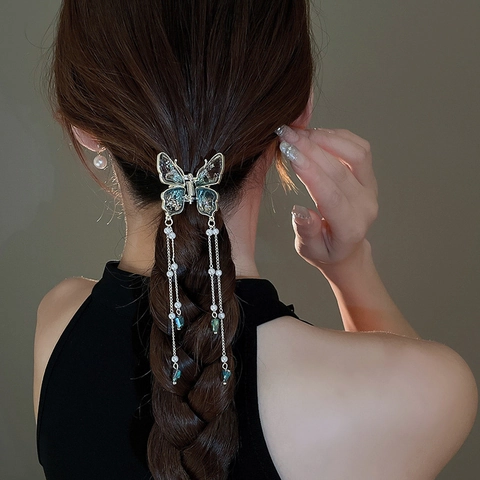 Molletta Per Capelli A Farfalla Con Lunghe Nappine Lega Perla Artificial Sintetica Cristallo Elegante Fata Estetica Ali Sfumate Donne