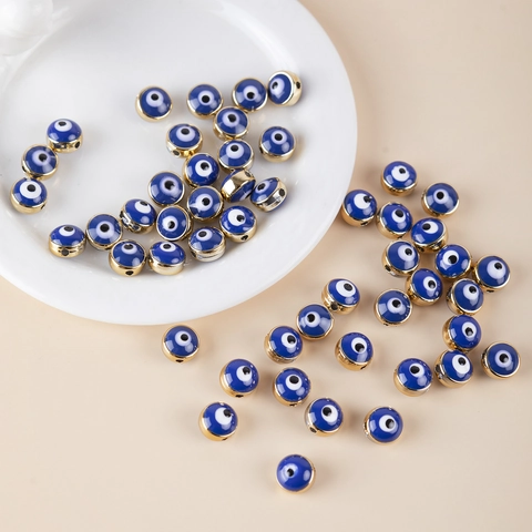 Evil Eye Perlen Harz Flach Rund Beidseitig Emaille Nazar Zwischenperlen Für Schmuckherstellung DIY Basteln Blau Goldrand