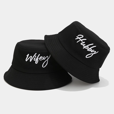 Cotton Bucket Hat Wifey Hubby Letter Embroidery Sun Protection Outdoor Travel Casual For Couples Bride Groom