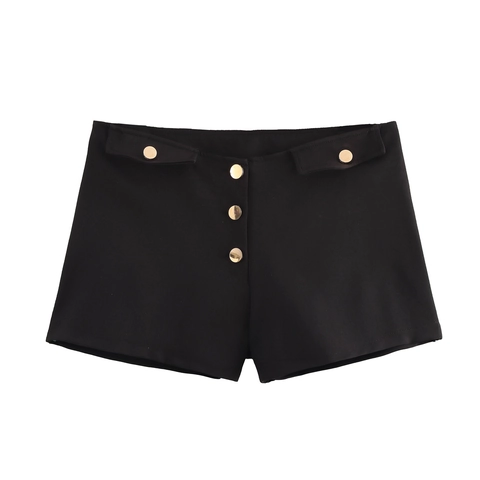 Pantaloncini Vita Bassa Donna Nero Poliestere Sexy Estate Hot Pants Con Decorazione Bottoni In Metallo Oro
