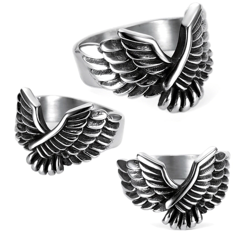 Retro Flying Eagle Wing Feather Ring Stainless Steel Biker Punk Gothic Statement Jewelry For Men Boys Cool Gift