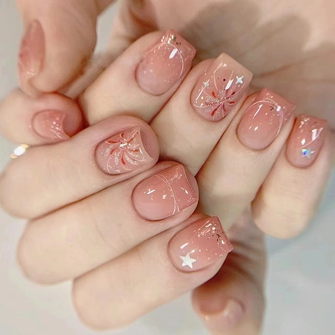 Press On Nails Short Ballet Shape Pink Gradient Fireworks Star Pattern ABS Plastic Detachable Fake Nails For Women