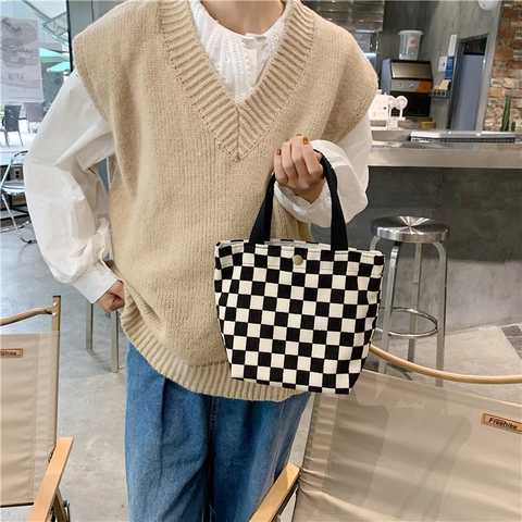 Bolso Tote De Pana Bolso De Mano Retro Bolsa De Almuerzo Pequeña Para Mujeres Con Patrones De Flores De Lunares De Cuadros De Sonrisa Botón De Presión