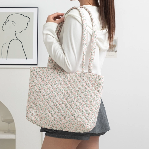 Grand Sac Fourre-tout Matelassé Femmes En Polyester À Fleurs Gingham Broderie Nœud Sac À Main Style Coréen Casual