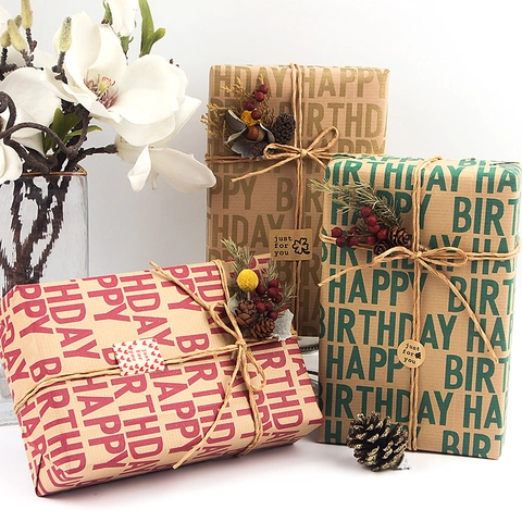 Happy Birthday Kraft Gift Wrapping Paper Vintage Letter Print For Celebration DIY Craft Supplies