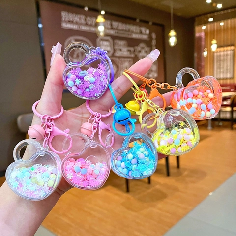 Kreativer Treibsand Öl Herzform Schlüsselanhänger Mit Schneeflocke Perlen Bunte Acryl Schlüsselring Anhänger Für Tasche Mädchen Geschenk
