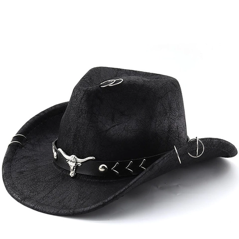 Cappello Da Cowboy Occidentale Ecopelle Testa Di Toro Anello In Metallo Decorativo Tesa Larga Vintage Retrò Per Uomo Donna