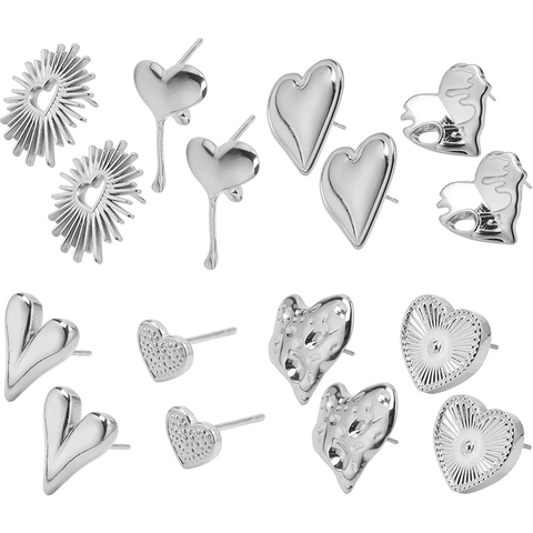 Heart Stud Earrings 304 Stainless Steel Sunburst Molten Liquid Metal Textured Minimalist INS Fashion Jewelry For Women