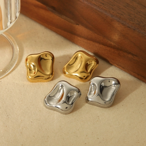 Irregular Square Stud Earrings Titanium Steel 18K Gold Plated Hammered Texture Liquid Metal Look Vintage Minimalist