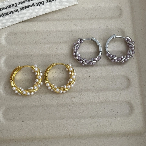 Boucles D'oreilles Créoles Vintage Françaises En Cuivre Avec Fausses Künstliche Perles Élégantes Bijoux Pour Femmes Style Versatile