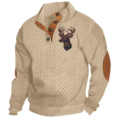 Men Stand Collar Knit Sweater Long Sleeve Casual Outdoor Pullover With Buttons Contrast Elbow Patches Graphic