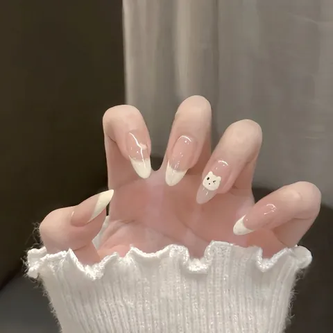 Faux Ongles French À Presser Amande Jaune Crème Motif Ours Mignon Cœur Style Doux Pour Femmes