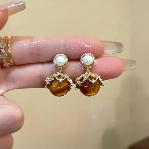 Retro Hängeohrringe 18K Vergoldet Kupfer Künstliche Perle Bernstein Katzenauge Stein Mit 925 Sterling Silber Ohrstecker Für Damen