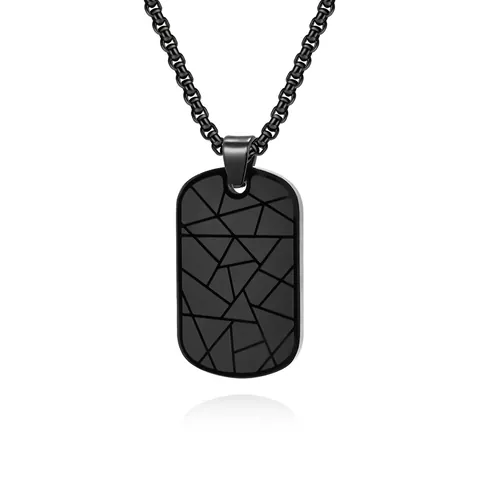 Men Stainless Steel Geometric Crack Pattern Dog Tag Pendant Necklace Minimalist Industrial Style Jewelry