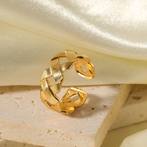 Minimalistischer Geflochtener Offener Ring Edelstahl 18K Vergoldet Verstellbares Band Ins Stil Schmuck Für Frauen
