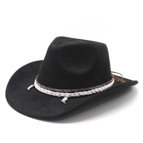 Cowboy Hat Western Style Faux Suede Wide Brim Retro Ethnic With Boot Charms Braided Band Adjustable