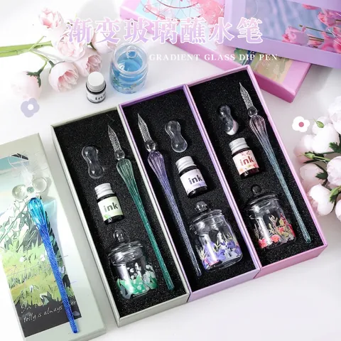 Gradient Glass Dip Pen Handmade Spiral Crystal Writing Pens With Ink Calligraphy Art Supplies Gift For Beginners
