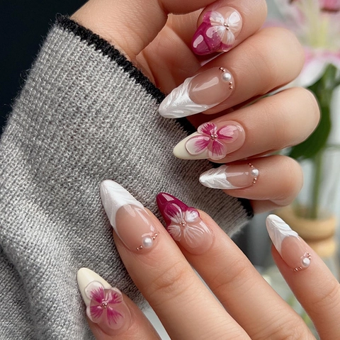 French Press On Nägel Mandelform Künstliche Nägel Mit Reliefblumen Und Künstliche Perlen Elegante Lange Stiletto Fingernägel