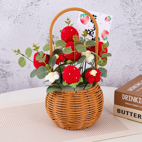 Hand Knitted Crochet Flower Basket Artificial Yarn Strawberry Persimmon Sunflower Fruit Arrangement Home Decor Gift