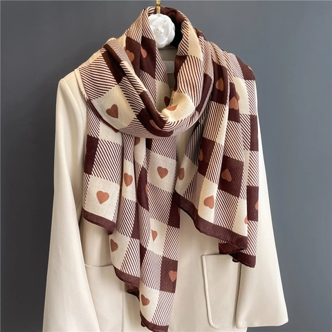 Sciarpa Con Motivo A Scacchi Cotone Lino Stampa A Cuore Scialle Leggero Traspirante Avvolgente Per Donne Moda Versatile