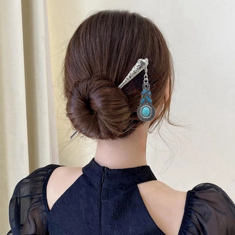 Vintage Hair Stick Metal Chignon Pin With Turquoise Teardrop Pendant Retro Ethnic Style Headpiece For Women