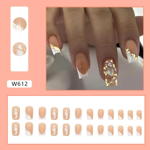 French Press On Nails Gold Foil Shell Fragments Square Shape Nude White Elegant Long Manicure For Women
