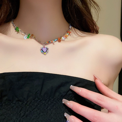 Collar Colgante Corazón Vintage Piedras Naturales Coloridas Diamantes Imitación Cobre Esmalte Cadena Clavícula Mujer