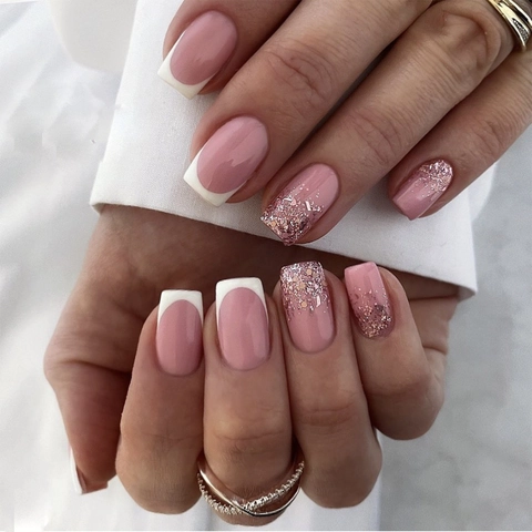Acrylic French Tip White Press On Nails With Glitter Pink Sequins Square Oval Glossy False Nails For Women Daily Party Nail Art
