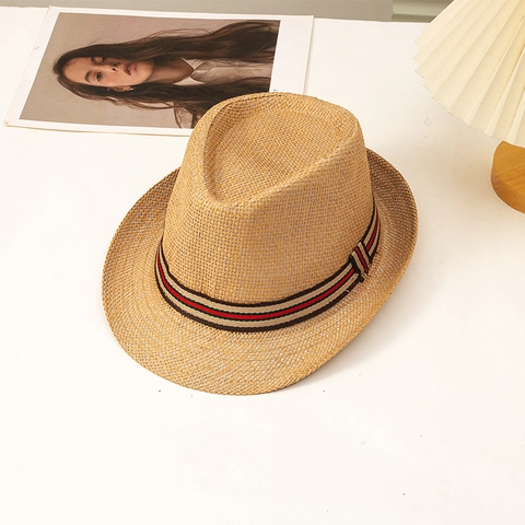 Cappello Fedora Di Paglia Uomo Donna Estate Protezione Solare Jazz Cap Tesa Corta Fascia Rigata Spiaggia