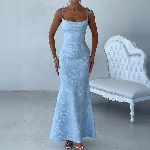 Women Jacquard Mermaid Maxi Dress Tie Shoulder Cowl Neck Sexy Backless Elegant Evening Party Bodycon
