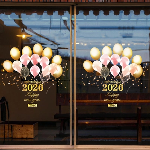 Happy New Year 2026 Window Clings Static PVC Stickers Gold Pink Balloons Double Sided Festive Glass Decors Shop