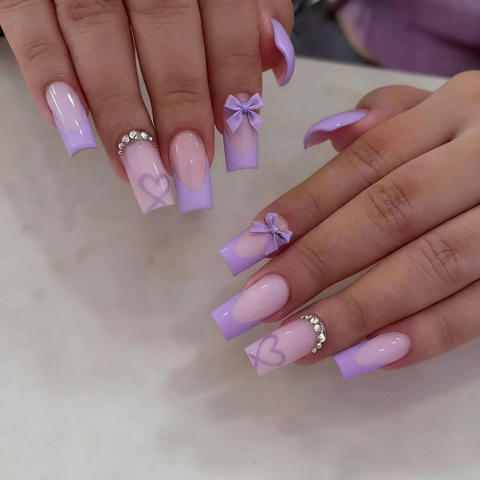 Τεχνητά Νύχια Lavender French Tip Long Coffin Με Τρισδιάστατο Φιόγκο Και Στρας Σχέδιο Καρδιά Για Γυναίκες