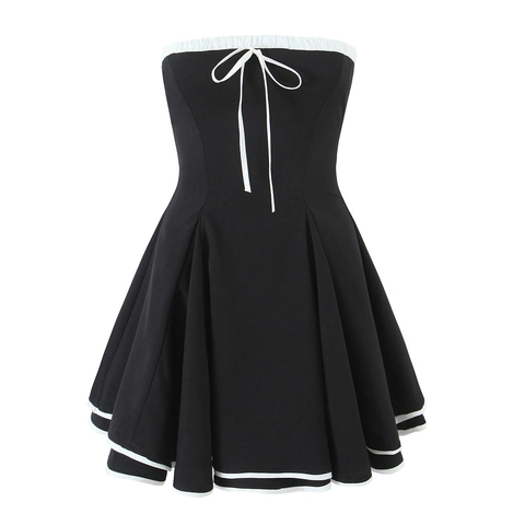 Abito Mini A Tubino Colore Contrastante Con Fiocco Orlo A Volant Retro Dolce Nero Bianco Poliestere Vestito Da Festa Per Donna