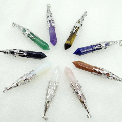 Crystal Hexagonal Column Pendant Necklace Healing Stone Bullet Point With Hollow Alloy Flower Cap Retro Style Women Men