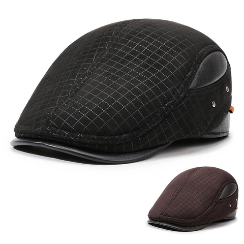 Coppola Uomo Berretto Piatto Quadri Lana Pelle PU Patchwork Paraorecchie Inverno Caldo Esterno Retro Regolabile