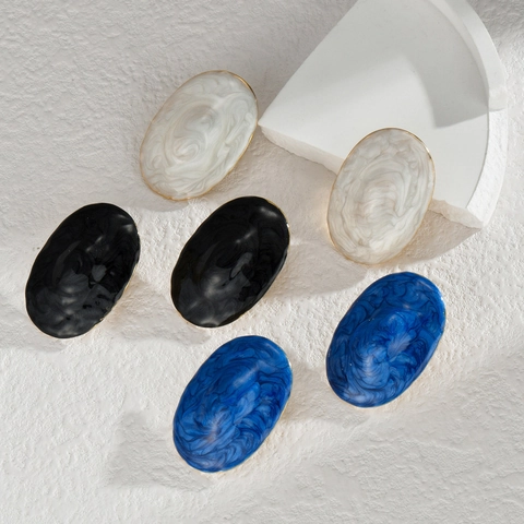 Oval Stud Earrings Stainless Steel With Enamel Marble Pattern Gold Plated Edge Elegant Retro Jewelry For Women