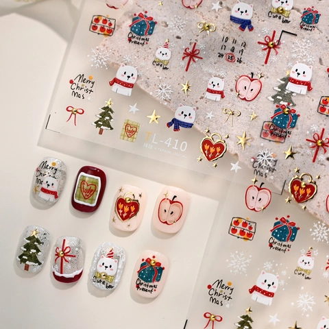 Nail Art Stickers Christmas 3D Embossed Gold Foil Cartoon Bear Tree Snowflake Self Adhesive Festive Manicure Decor