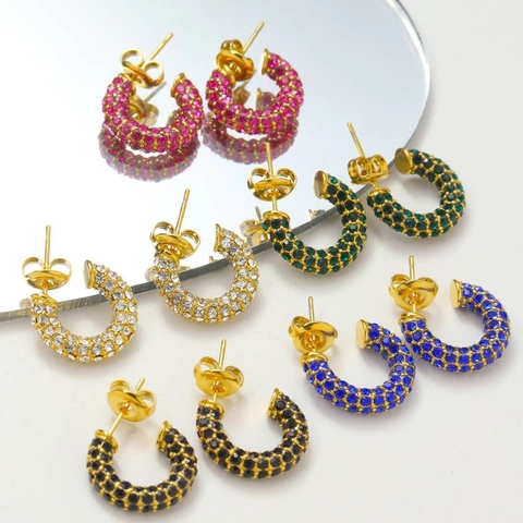 Fashion Stainless Steel C-Shaped Hoop Earrings For Women Sparkling Rhinestone Inlaid Gold Plated Geometric Ear Jewelry Accessory