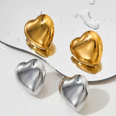 Stainless Steel Heart Stud Earrings Minimalist Chunky Gold Silver Plated Polished Statement Jewelry For Women