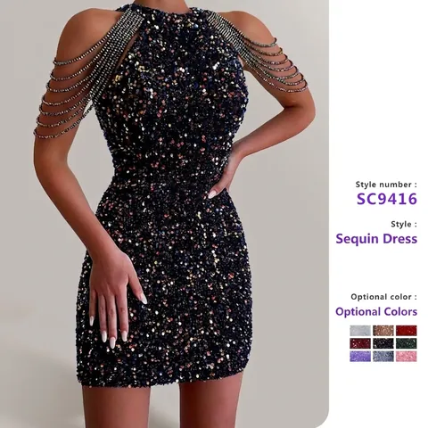 Women Halter Neck Off Shoulder Sequin Dress Sexy Bodycon Mini Dress With Tassel Chain Embellishment Party Banquet Dress