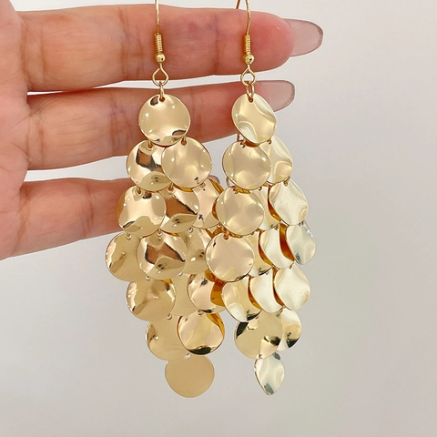 Multi Layer Round Disk Sequin Dangle Earrings With 925 Sterling Silver Earring Post Gold Plated Bohemian Jewelry Women