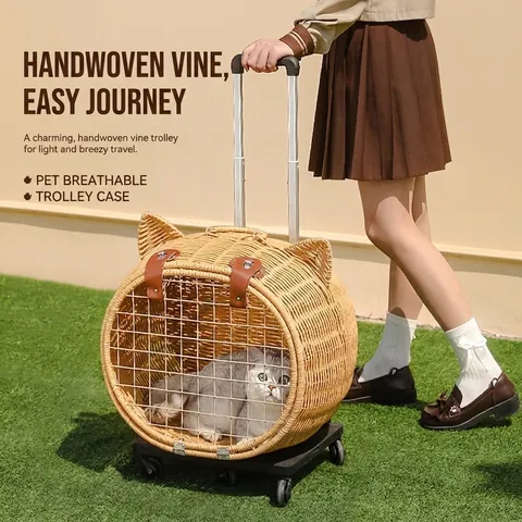 Handmade Rattan Pet Carrier Trolley Case Wicker Cat Ear Shape Rolling Travel Bag Breathable With Wheels For Cats Dogs