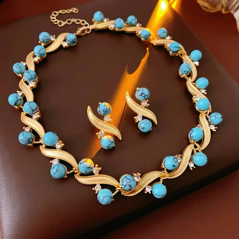 Vintage Necklace And Earrings Jewelry Alloy Turquoise Rhinestone With Silver Earring Post Bohemian Luxury Style Women