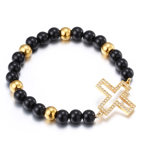 Cross Pendant Beaded Bracelet Stainless Steel Hollow Rhinestone Religious Fashion Jewelry For Women