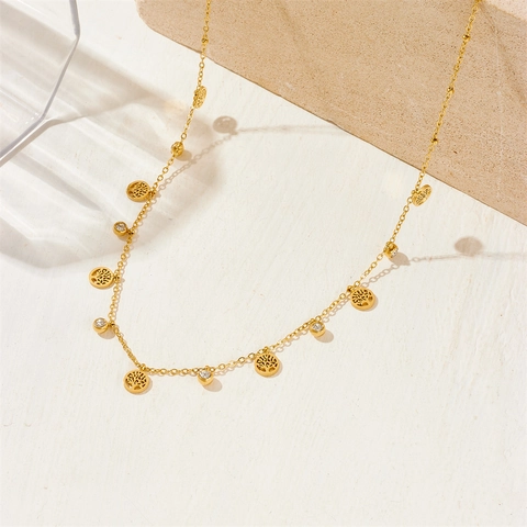 Life Tree Pendant Necklace Stainless Steel Gold Plated With White Rhinestone For Women Trendy Clavicle Chain Jewelry