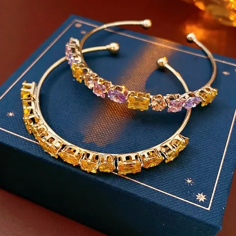 Retro Luxury Open Bangle Bracelet For Women Gold Plated Copper With Multi Color Square Zircon Geometric Fashion Jewelry