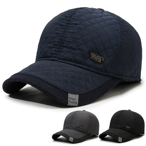 Men Winter Warm Quilted Baseball Cap With Foldable Ear Protection Flaps Windproof Outdoor Sports Hat Polyester Quilted Design