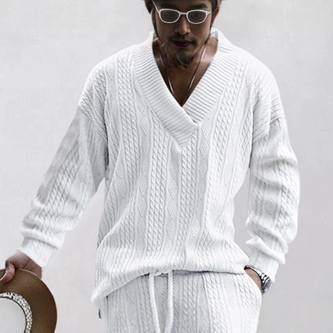 Herren Strickpullover Mit V Ausschnitt Und Passende Hose Lässiges Einfarbiges Zopfmuster Polyester Spandex Lounge Wear