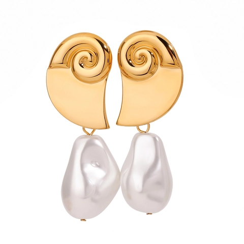 Artificial Baroque Pearl Drop Earrings 18K Gold Plated Stainless Steel Nautilus Shell Ocean Style Waterproof Jewelry For Women